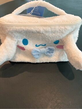 Cute Plush White Bunny Cosmetic Pouch with Blue Bow Accent